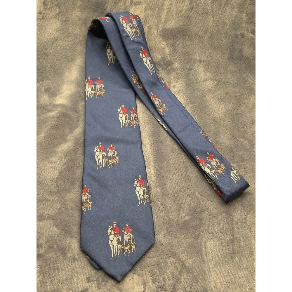 Equus Mens Silk Tie Blue Fox Hunt Equestrian Horseback Riders Hounds HandMade